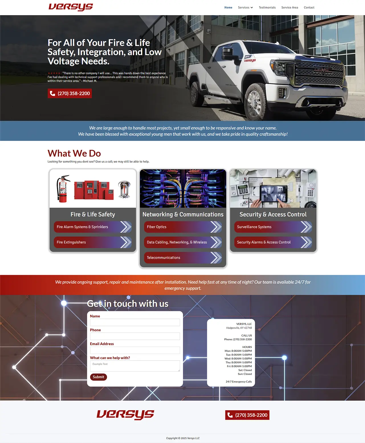 Versys website homepage showing a white GMC truck, fire and life safety, networking and communications, security & access control services, and a contact form with company details and phone number.