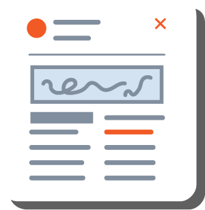 Icon of a document with text lines, a signature box, and an orange close button.