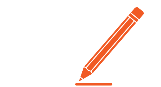 White outline of an open box with an orange pencil drawing a line beneath it on a black background.