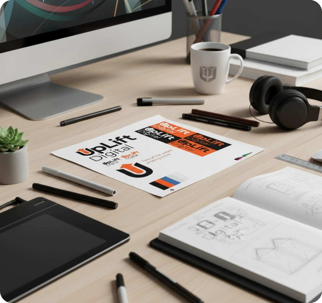 Workspace with a computer, headphones, coffee mug, sketchbook with logo designs, and a paper sheet displaying multiple 'UpLift Digital' logo variations on a wooden desk.