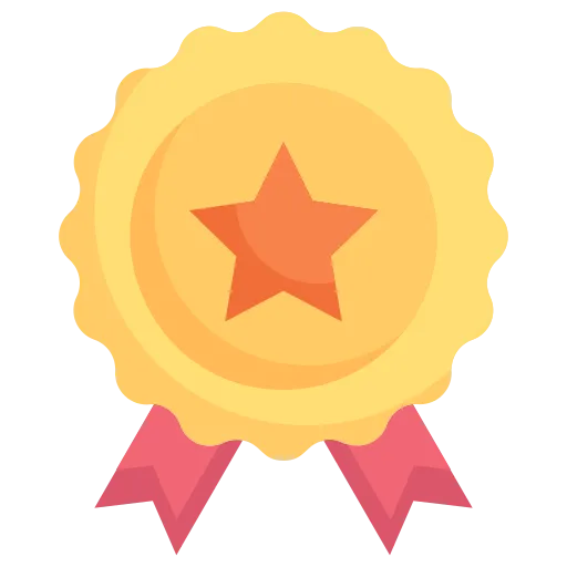 Gold award ribbon with a red star in the center and two red tails.