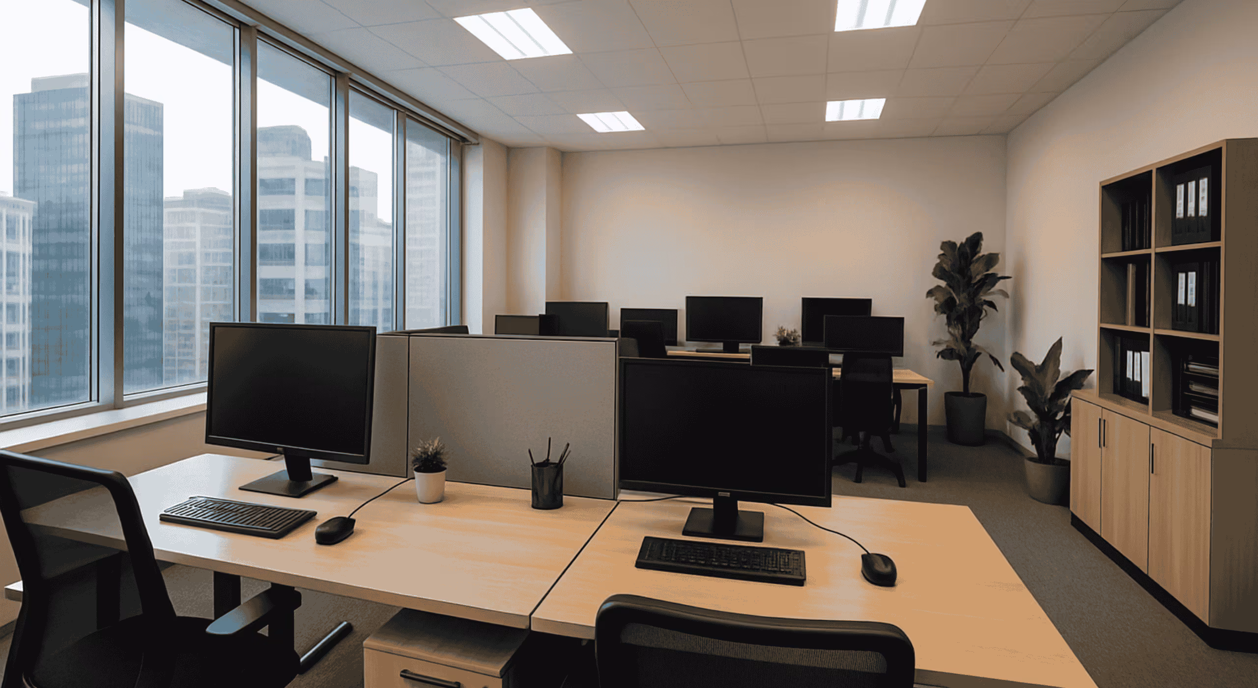 Modern office interior with multiple desks, black monitors and chairs, large windows, and plants.