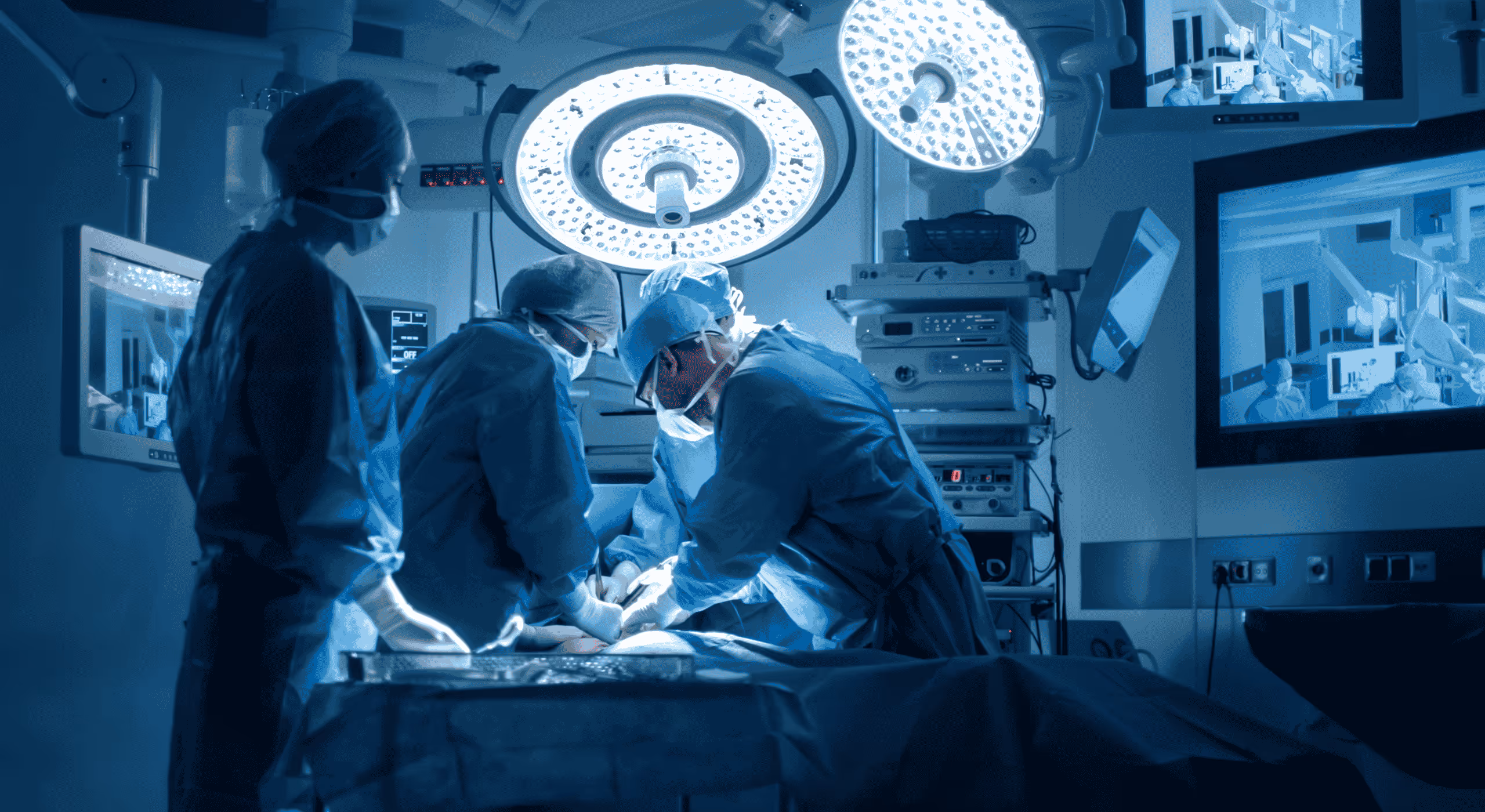 Medical team wearing protective gear performing a surgical operation under bright operating room lights with monitors in the background.