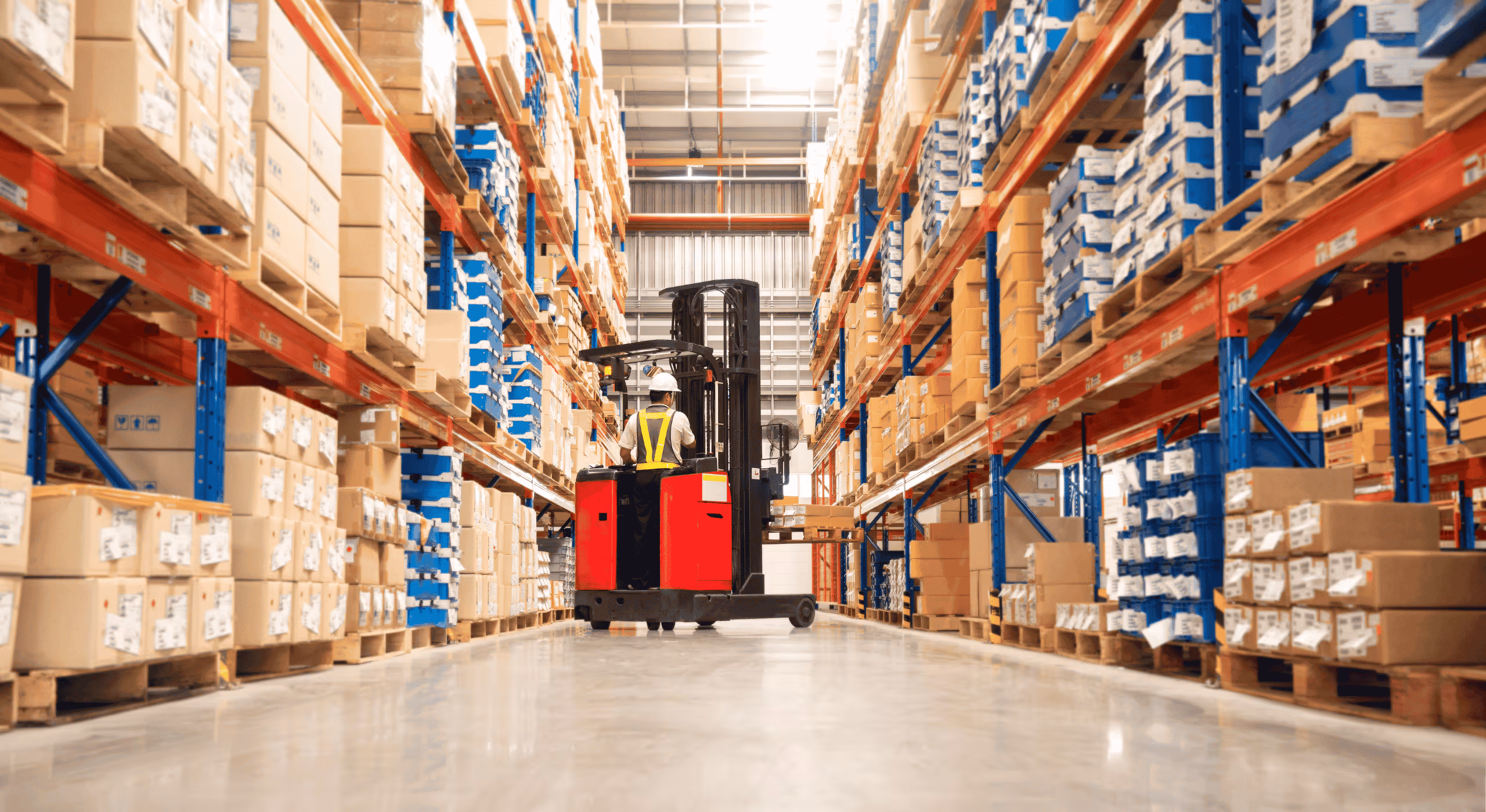 Warehouse aisle with a worker operating a red forklift lifting boxes onto shelves filled with stacked cardboard boxes and blue packages.