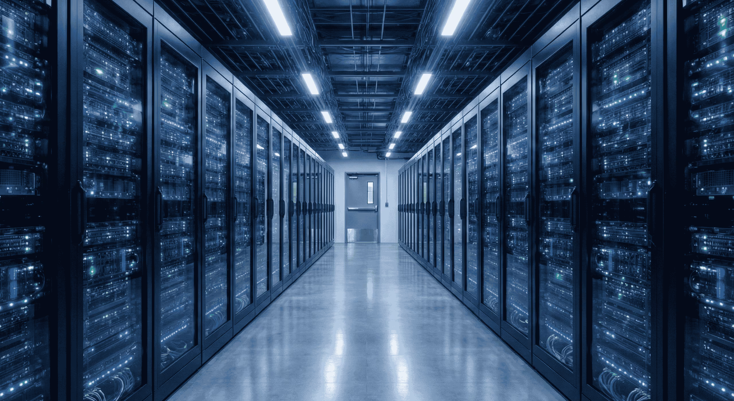 Long aisle in a data center lined with server racks on both sides under ceiling lights.