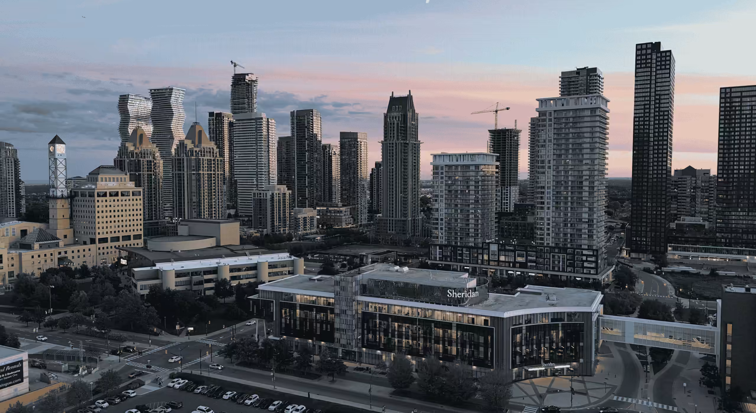 City skyline with high-rise buildings at dusk