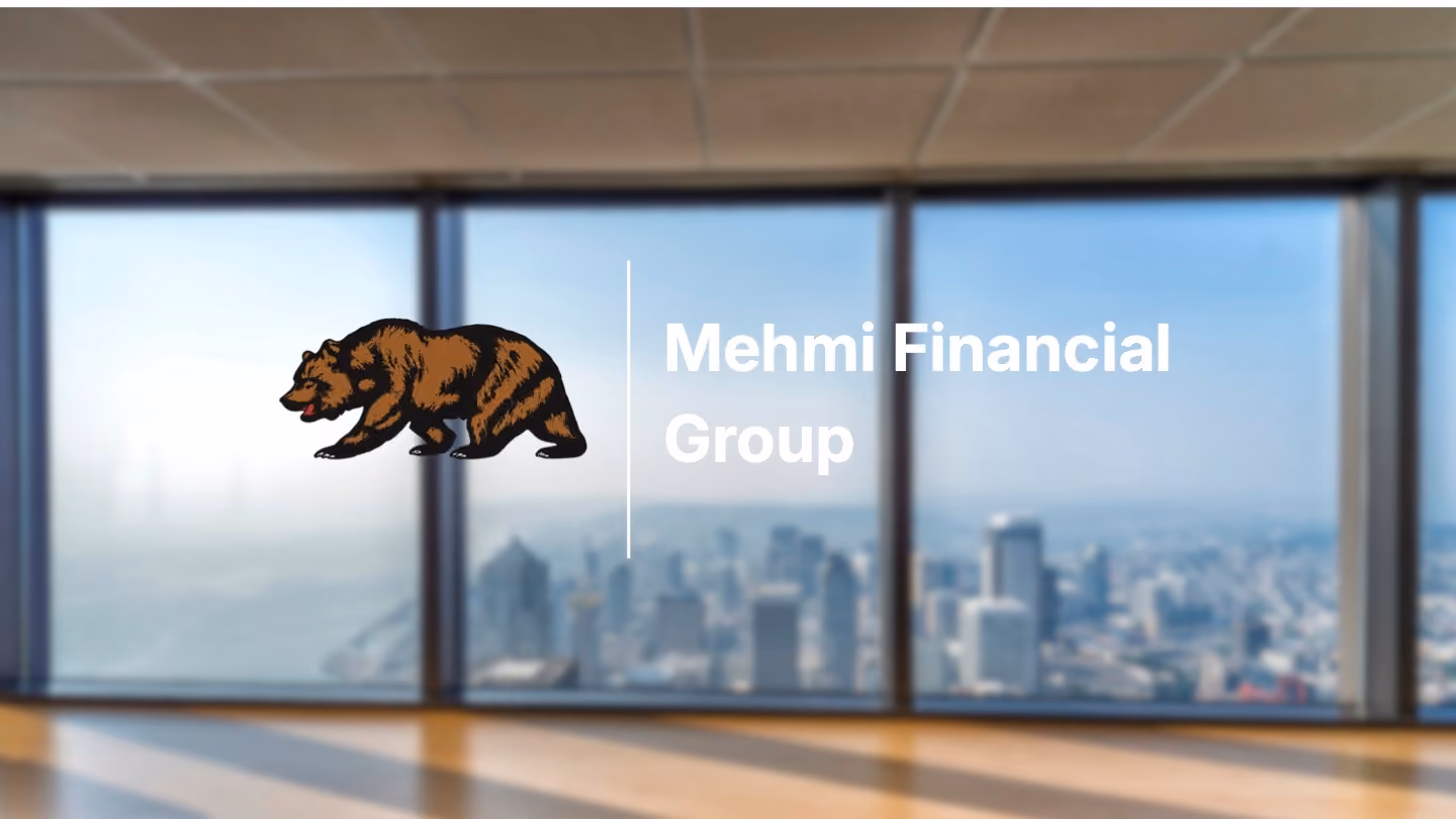 Mehmi Financial Group logo on an office window overlooking a city