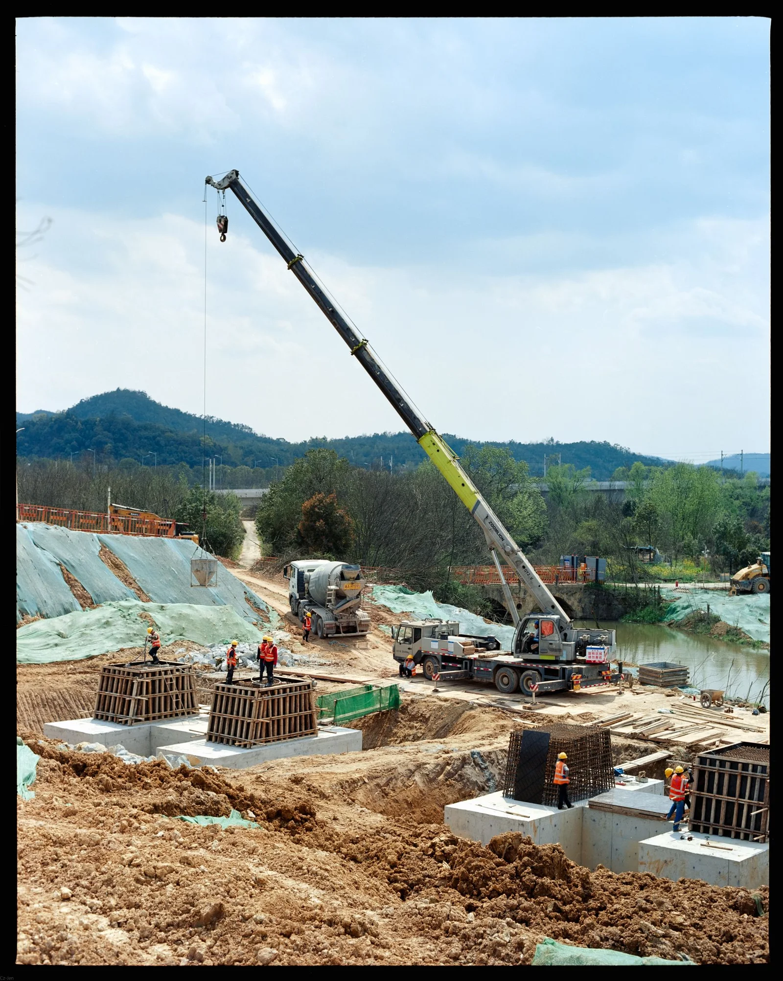 Construction equipment working on an active project site