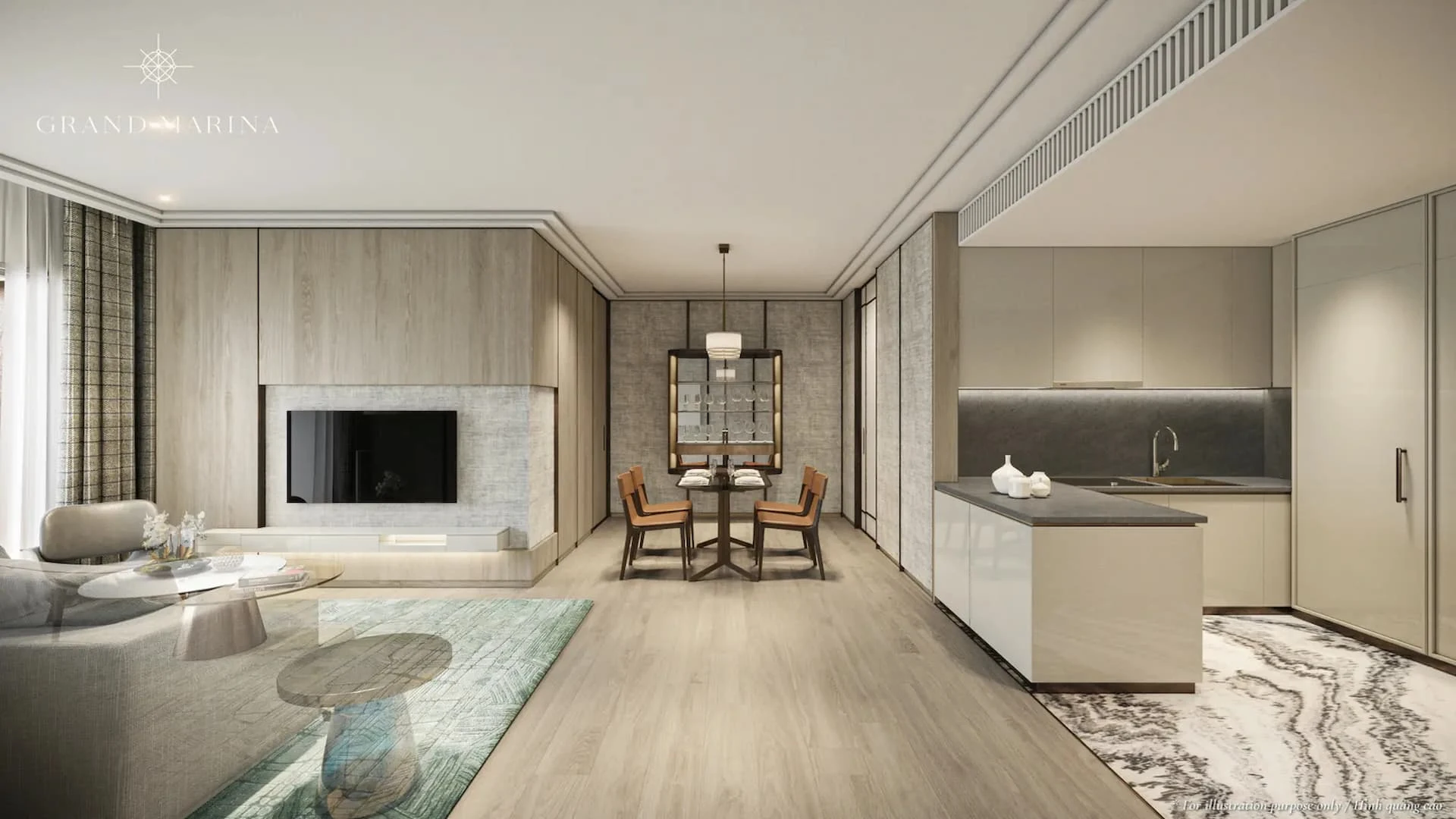 Nội thất phòng khách hiện đại tại Legacy Lagoon với ánh sáng ấm áp