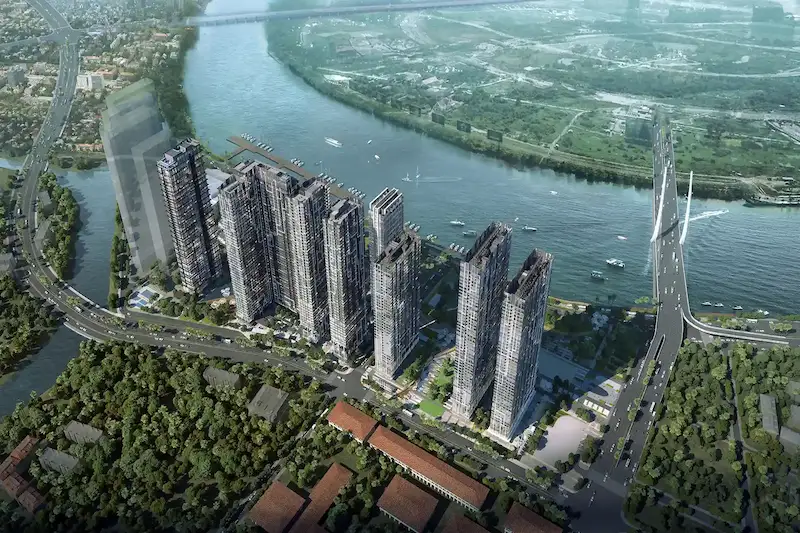 Toàn cảnh từ trên cao dự án Grand Marina Saigon ven sông Sài Gòn với cầu Thủ Thiêm