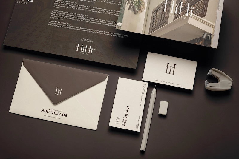 HIHI Village luxury brand identity and stationery set on dark elegant background