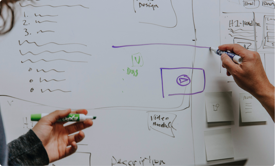 Two people brainstorming on a whiteboard, sketching website wireframes and navigation elements with markers. The board includes handwritten notes, a video module icon, and sticky notes with additional ideas.
