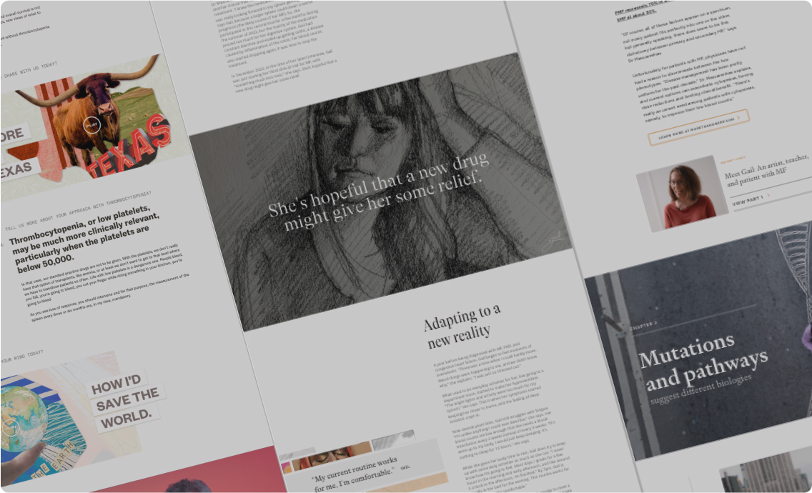 A collage of digital articles and web pages featuring medical and scientific content. The central image includes a sketch of a woman with overlaid text about new drug relief. Other sections discuss mutations, patient stories, and medical conditions.