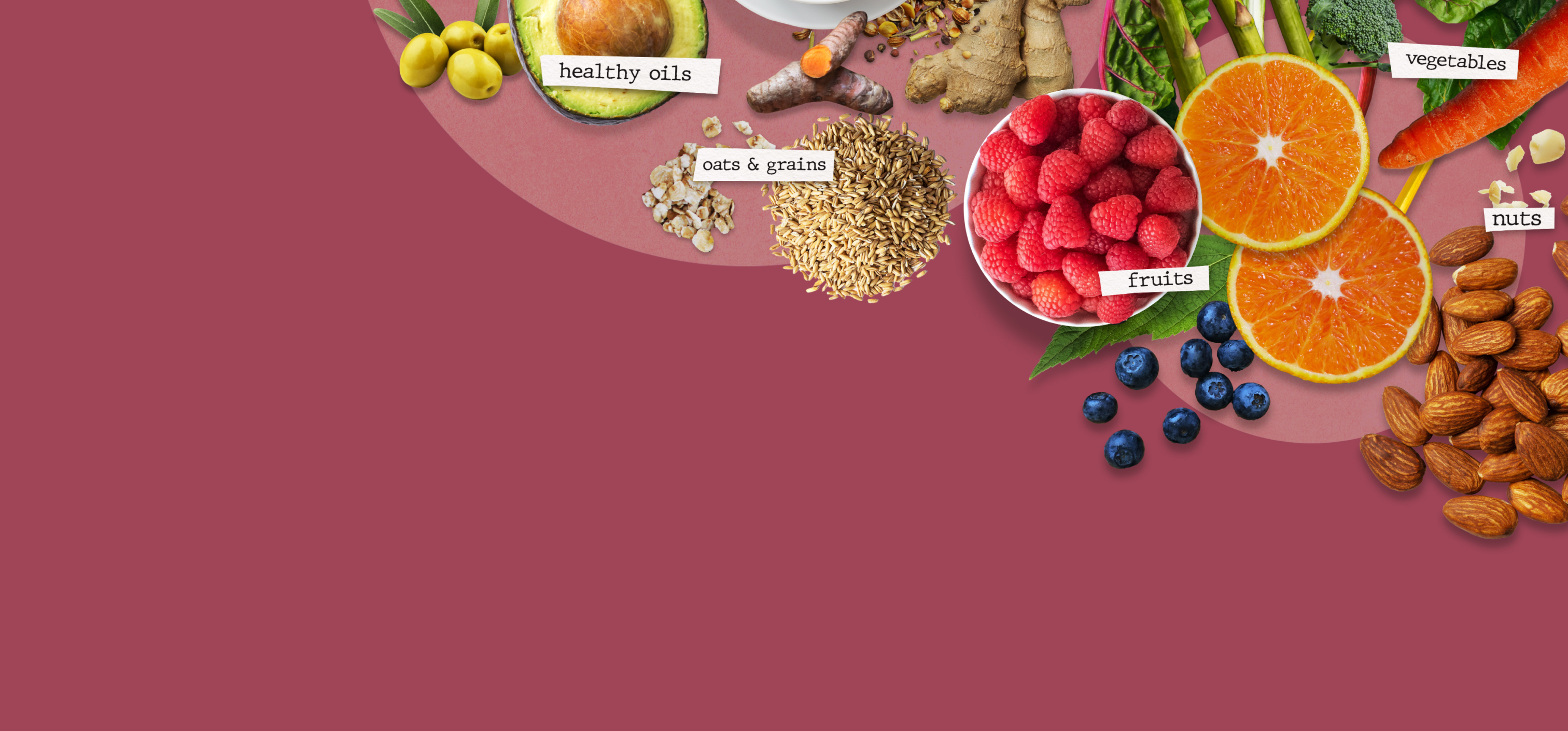 A collage of foods for a myelofibrosis diet labeled ‘antioxidants’, ‘fruits’, ‘oats and grain’, ‘healthy oils’, and ‘fish’.