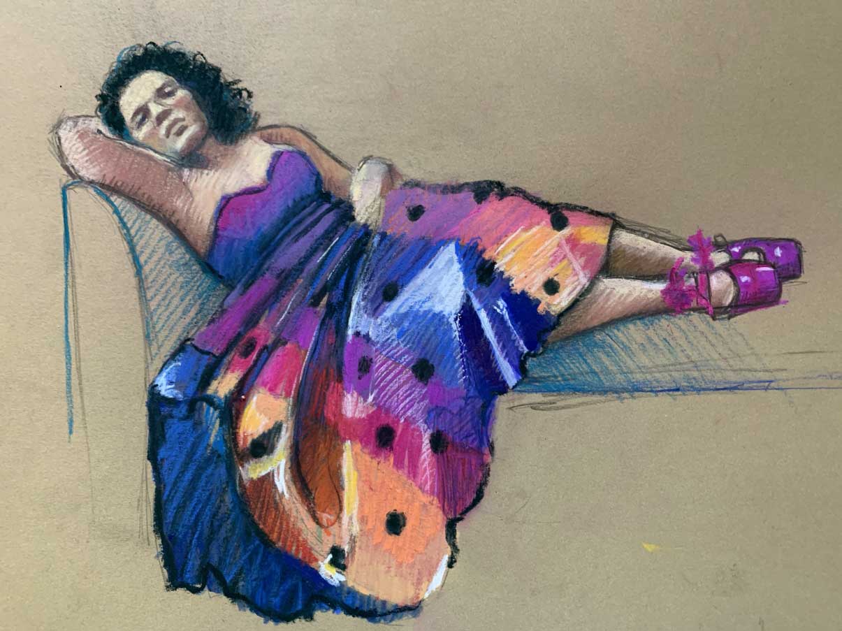 Gail Art Piece - Woman in a colorful dress sitting on a chaise lounge - painting on canvas