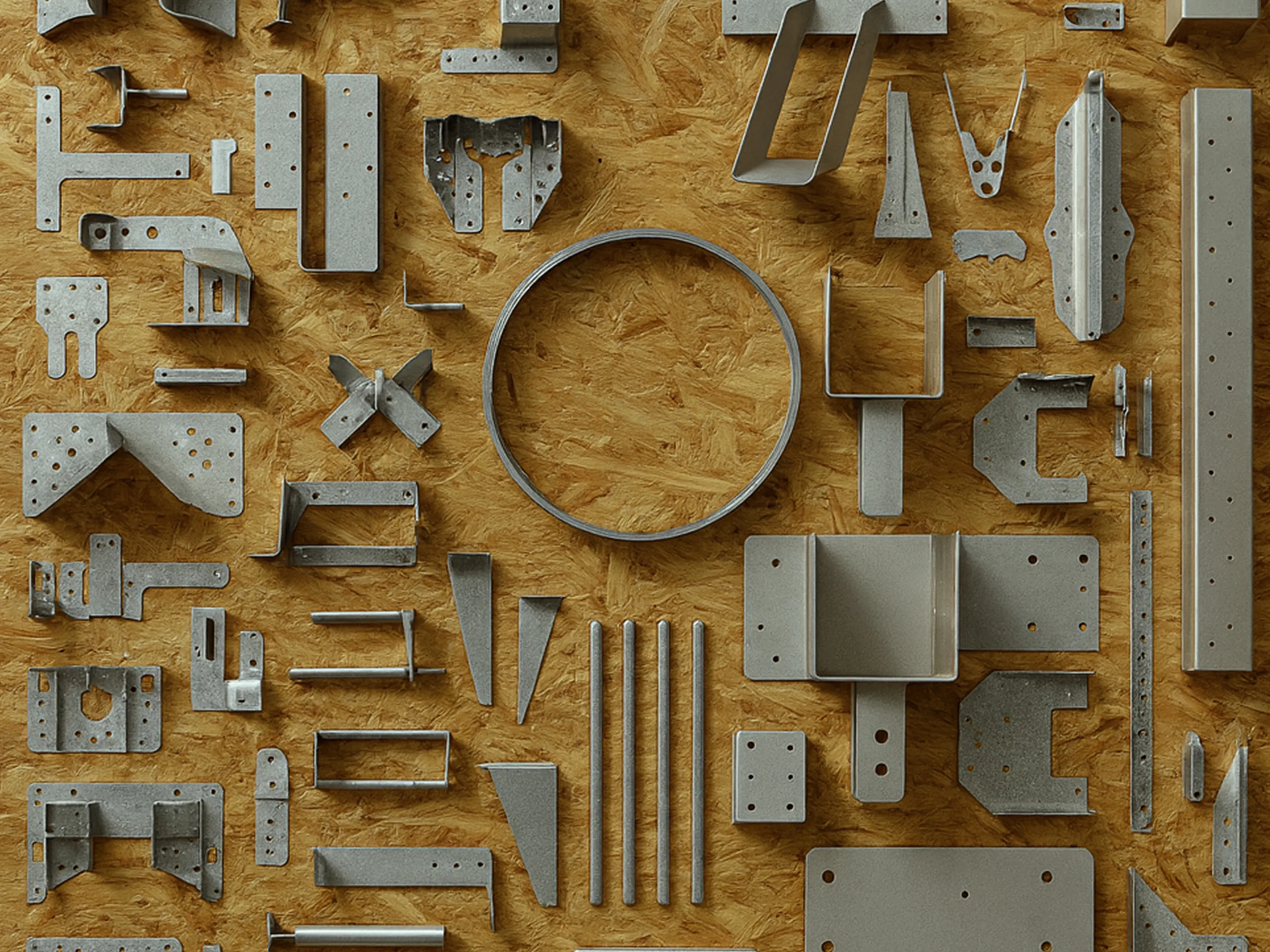 a wooden table topped with lots of metal parts