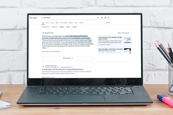 Laptop mit Google-Suche zu AI Overviews auf einem Schreibtisch – Thema: Sichtbarkeitsverlust durch KI in den Suchergebnissen