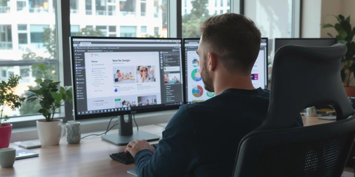 Webdesigner plant Website Redesign Strategie am Computer mit Wireframes und Mockups