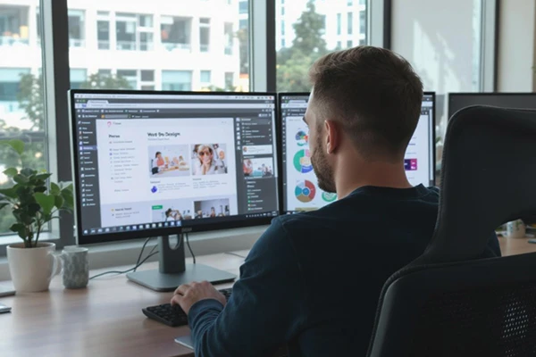 Webdesigner plant Website Redesign Strategie am Computer mit Wireframes und Mockups