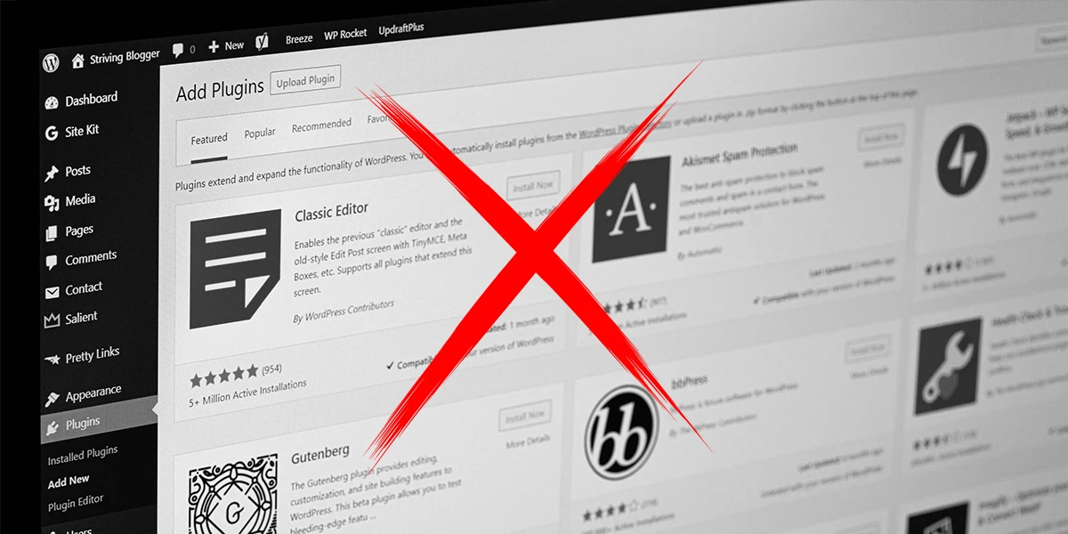 WordPress Dashboard Bereich Plugins mit großem rotem X für keine Plugin Nutzung