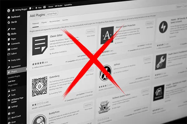 WordPress Dashboard Bereich Plugins mit großem rotem X für keine Plugin Nutzung