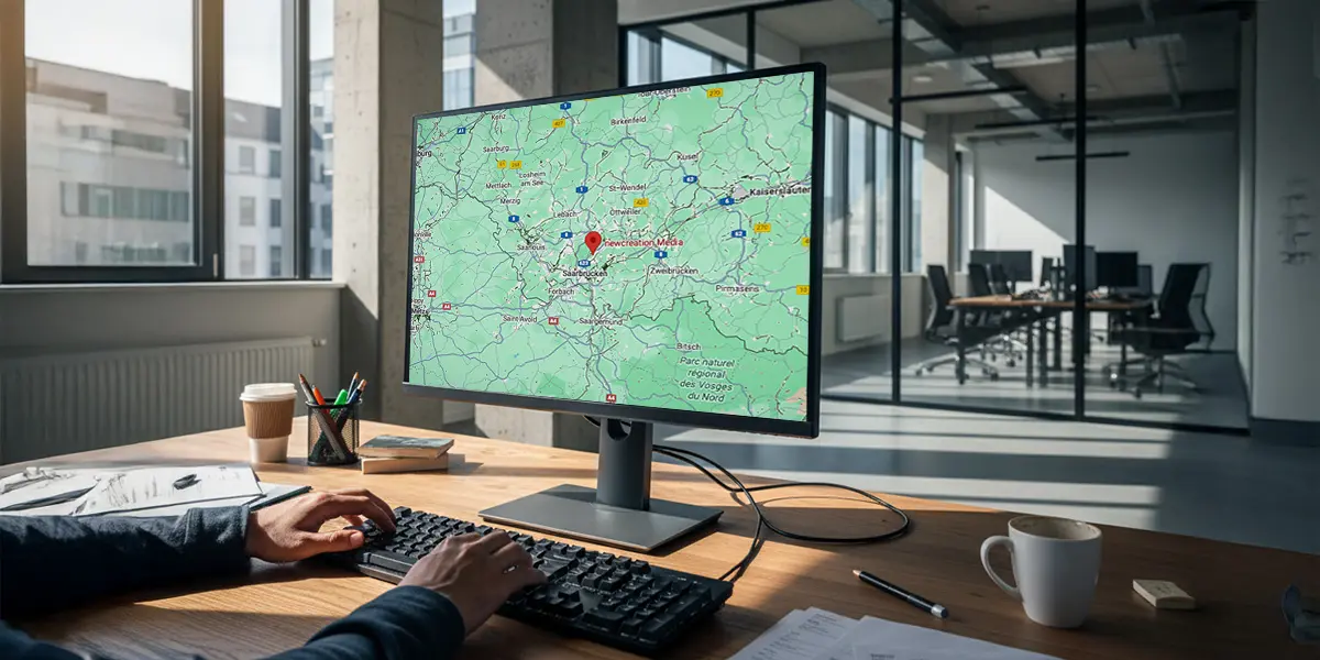 Das Bild zeigt eine Online Marketing Agentur aus dem Saarland. Einen Computer, der eine Karte anzeigt, auf der die newcreation Media GmbH zu sehen ist.