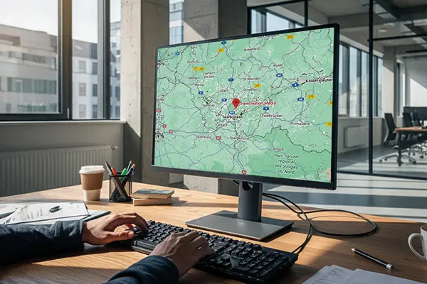 Das Bild zeigt eine Online Marketing Agentur aus dem Saarland. Einen Computer, der eine Karte anzeigt, auf der die newcreation Media GmbH zu sehen ist.