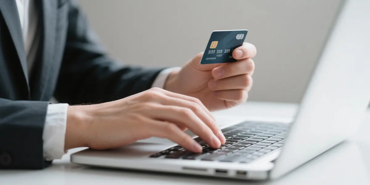 Online-Verkauf - Man hält eine Kreditkarte am Laptop