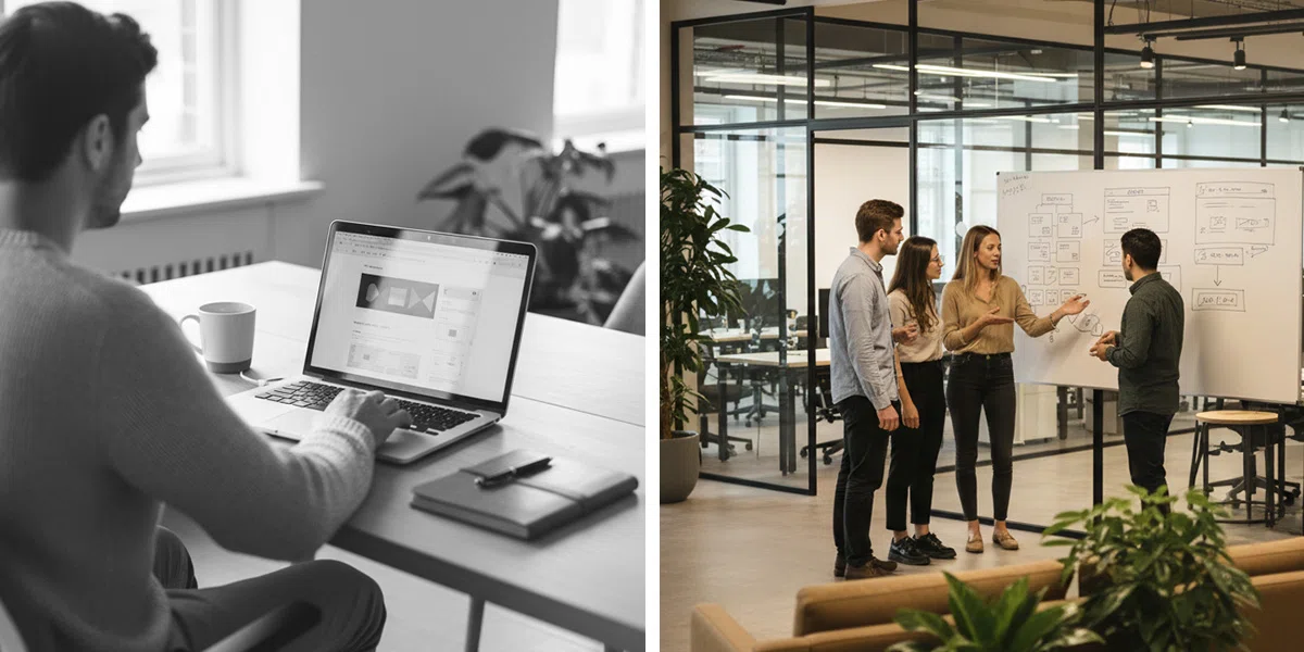 Ein Bild, zwei Szenen: Links arbeitet ein einzelner Freelancer am Laptop im Homeoffice, rechts plant ein Agentur-Team mit vier Personen gemeinsam Strategien am Whiteboard im modernen Büro.