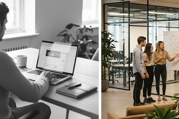 Ein Bild, zwei Szenen: Links arbeitet ein einzelner Freelancer am Laptop im Homeoffice, rechts plant ein Agentur-Team mit vier Personen gemeinsam Strategien am Whiteboard im modernen Büro.