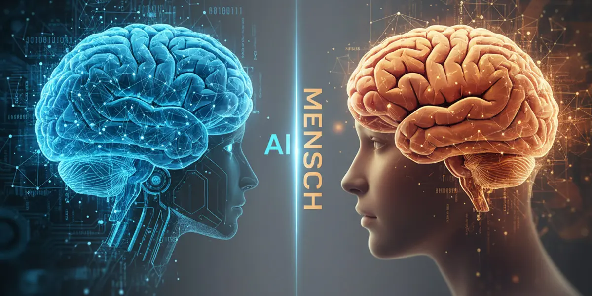 blauer KI-Kopf mit digitalem Gehirn links, menschliches Profil mit orangefarbenem Gehirn rechts; Text „AI“ und „MENSCH“.