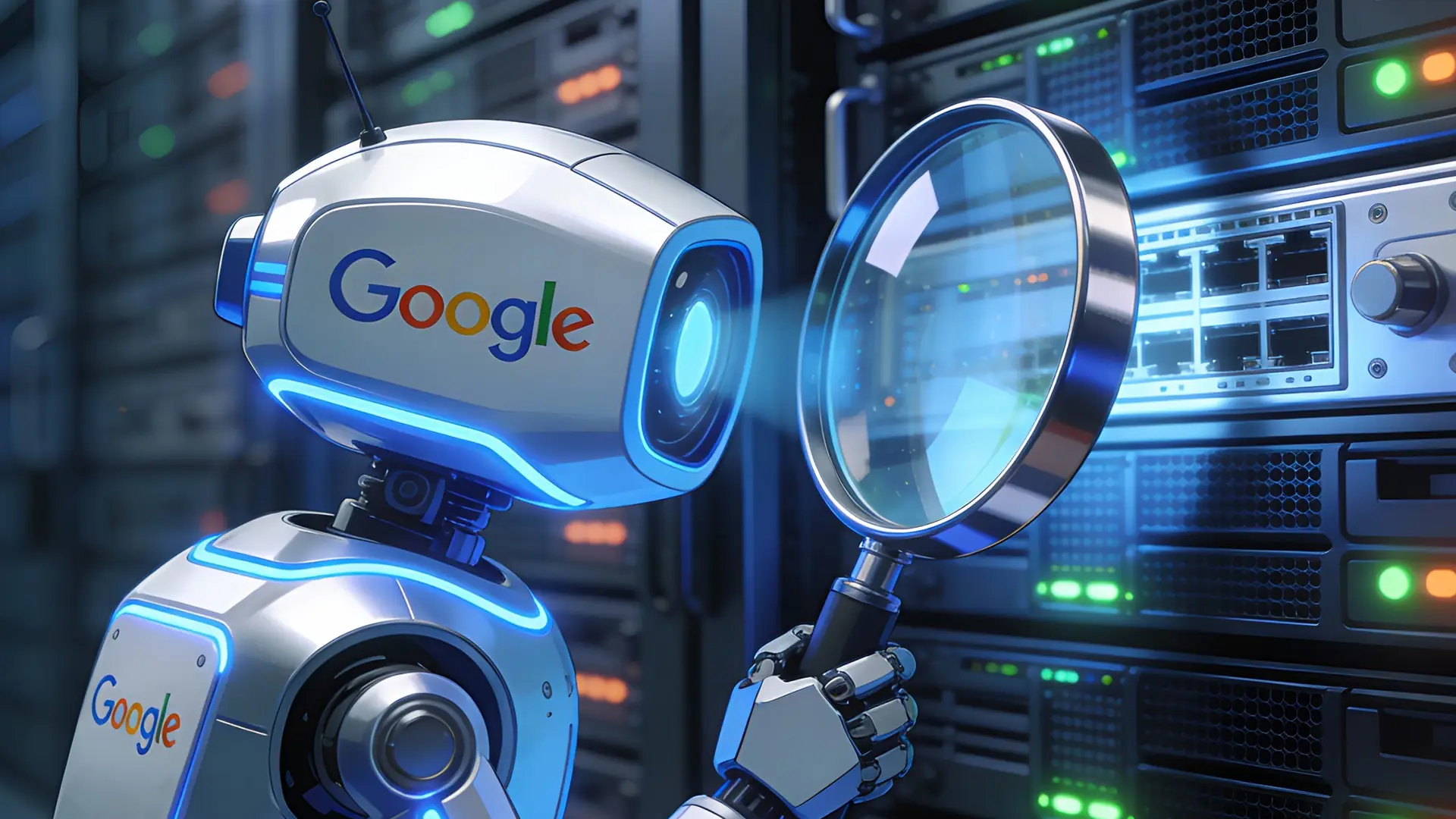 Roboter mit Google-Logo hält eine Lupe und untersucht Server-Racks in einem Rechenzentrum.