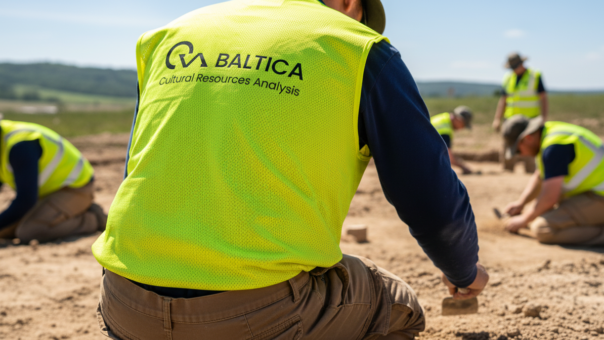 Arkeologer i gule vester med CRA Baltica-logo under utgraving. Kulturminnevern og feltarbeid.