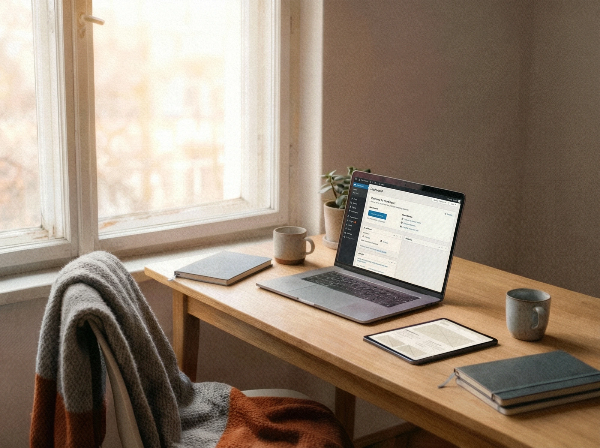 Skandinavisk hjemmekontor med laptop som viser WordPress-dashboard og nettbrett.