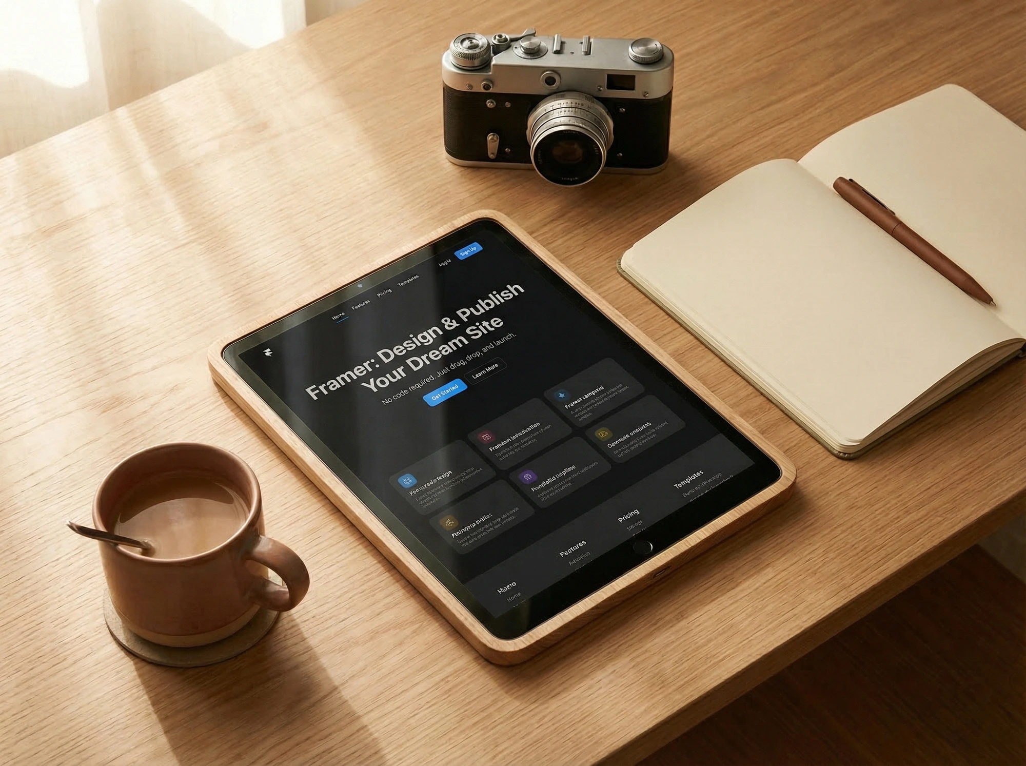 Nærbilde ovenfra av nettbrett som viser Framer-nettside designmal, med kaffekopp og analogt kamera.