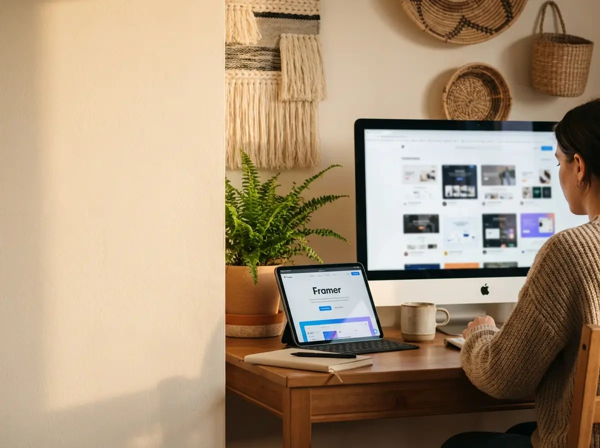 Designer ved skrivebord ser på en stor monitor som viser Framer/Webflow-grensesnitt for visuelt design.
