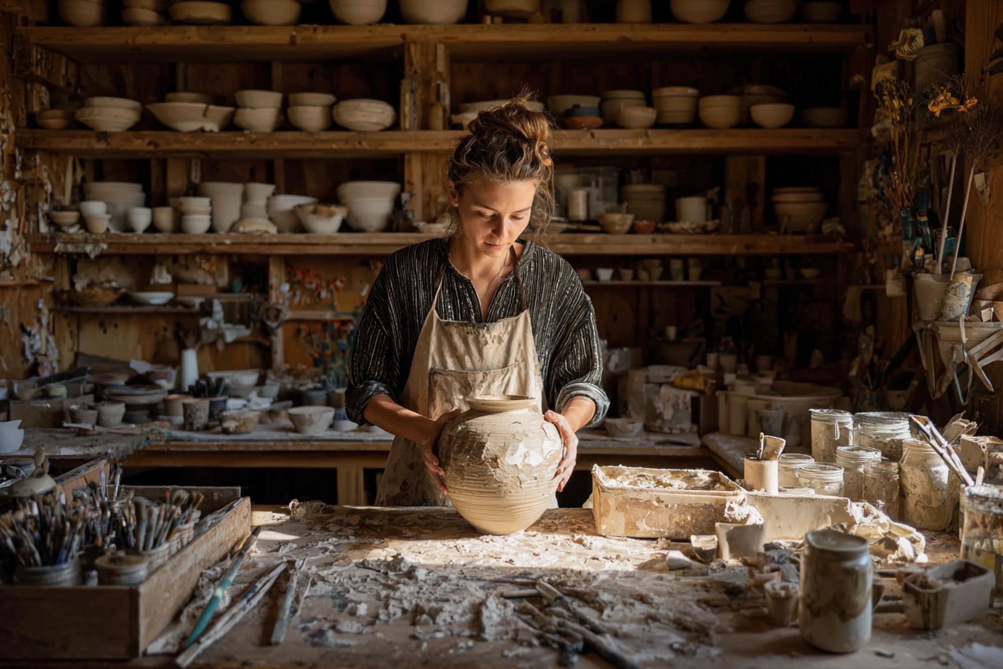 Kreativ kvinne i keramikkverksted holder en stor leirevase, omgitt av håndverk og råmaterialer.