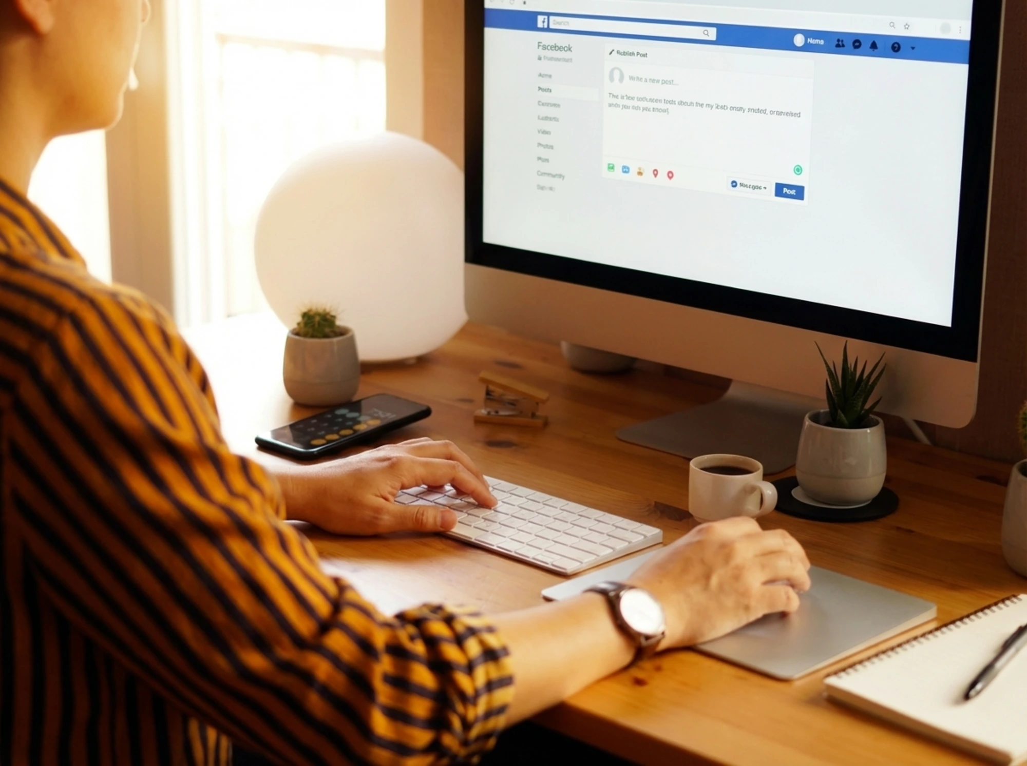 Person som jobber med digital markedsføring, skriver et innlegg på sosiale medier (Facebook) på en Mac-skjerm.