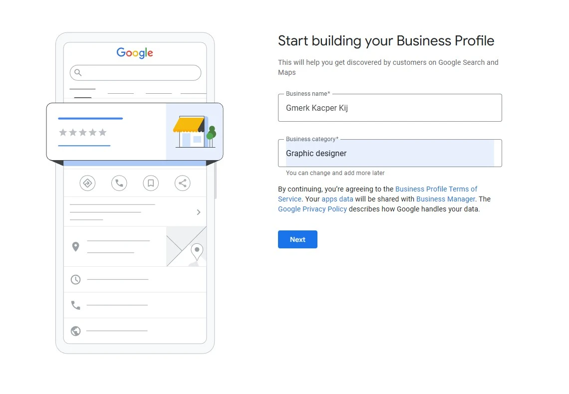 Skjermbilde som viser hvordan man fyller ut bedriftsnavn og velger riktig kategori for grafisk designer i Google Bedriftsprofil-oppsettet.