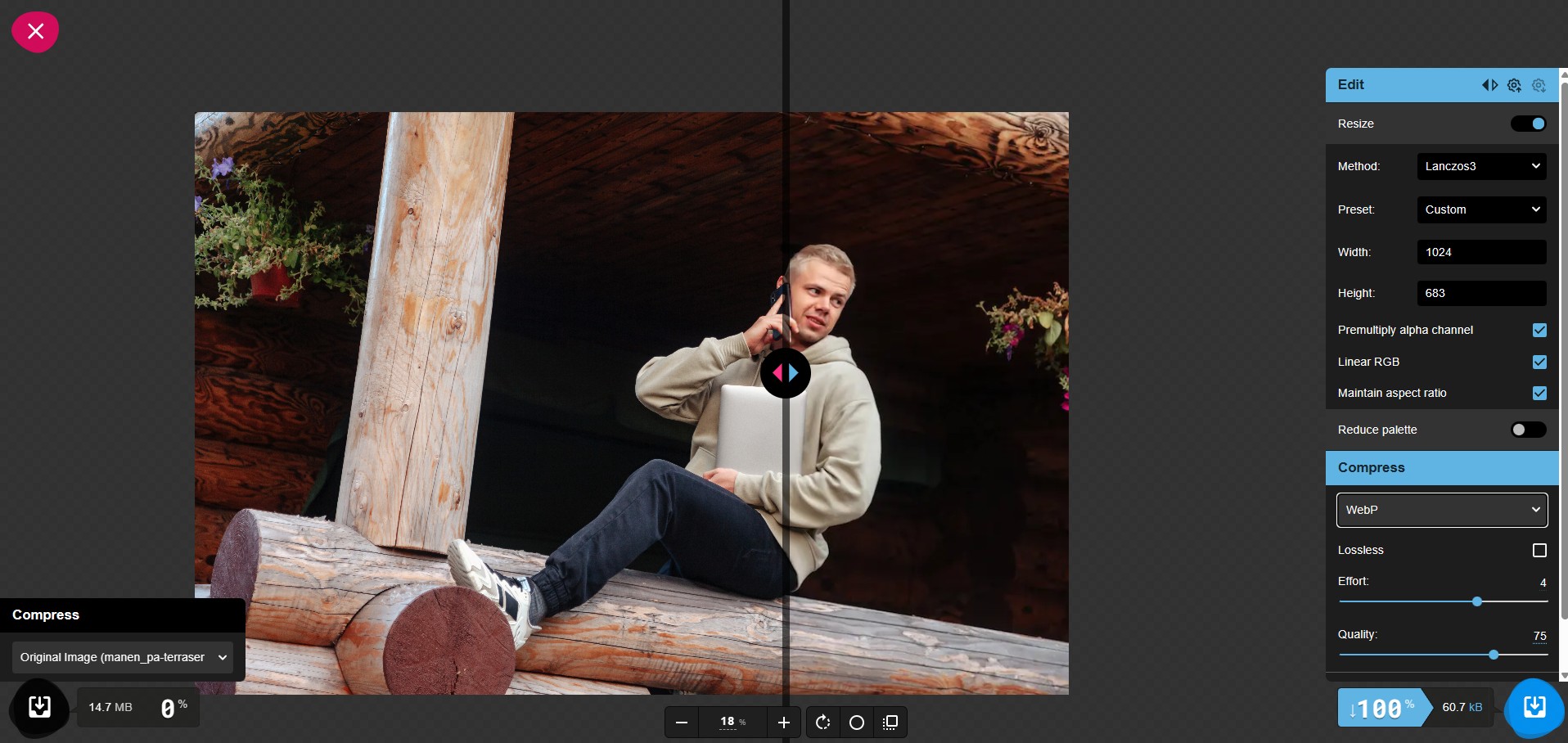 Skjermbilde av Squoosh.app-grensesnittet som viser komprimering av et bilde til WebP-format med 75% kvalitet for raskere nettsider.