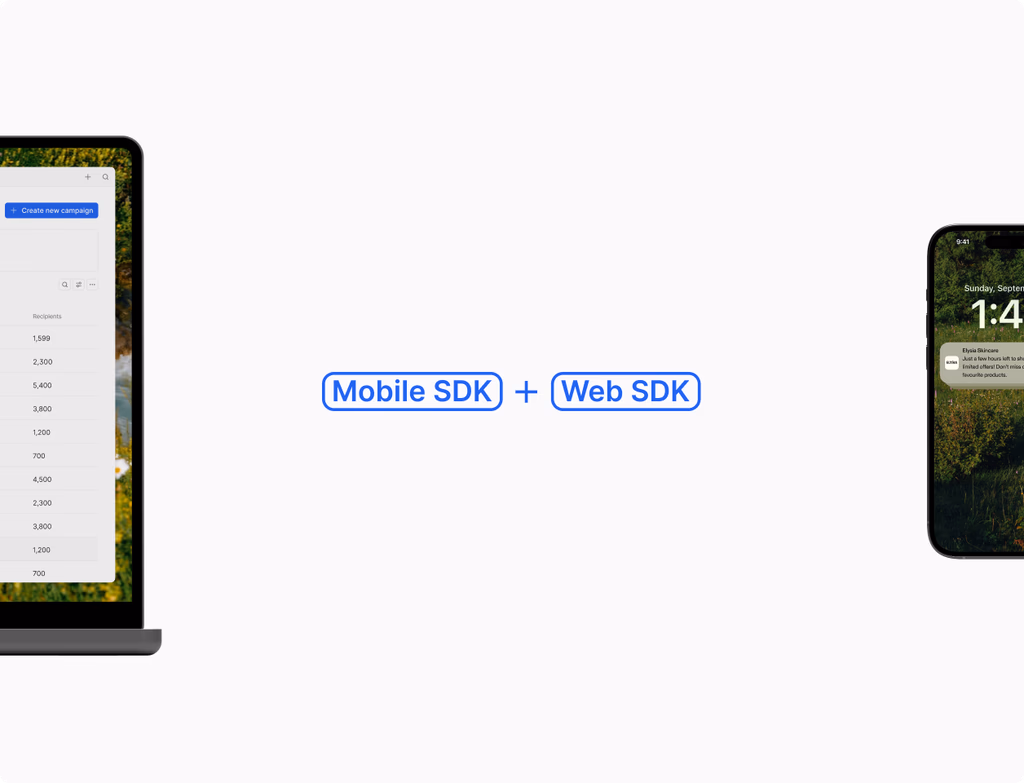 A mobile phone screen shows a branded app dashboard with personalized content and push notifications, showcasing a user's engagement.