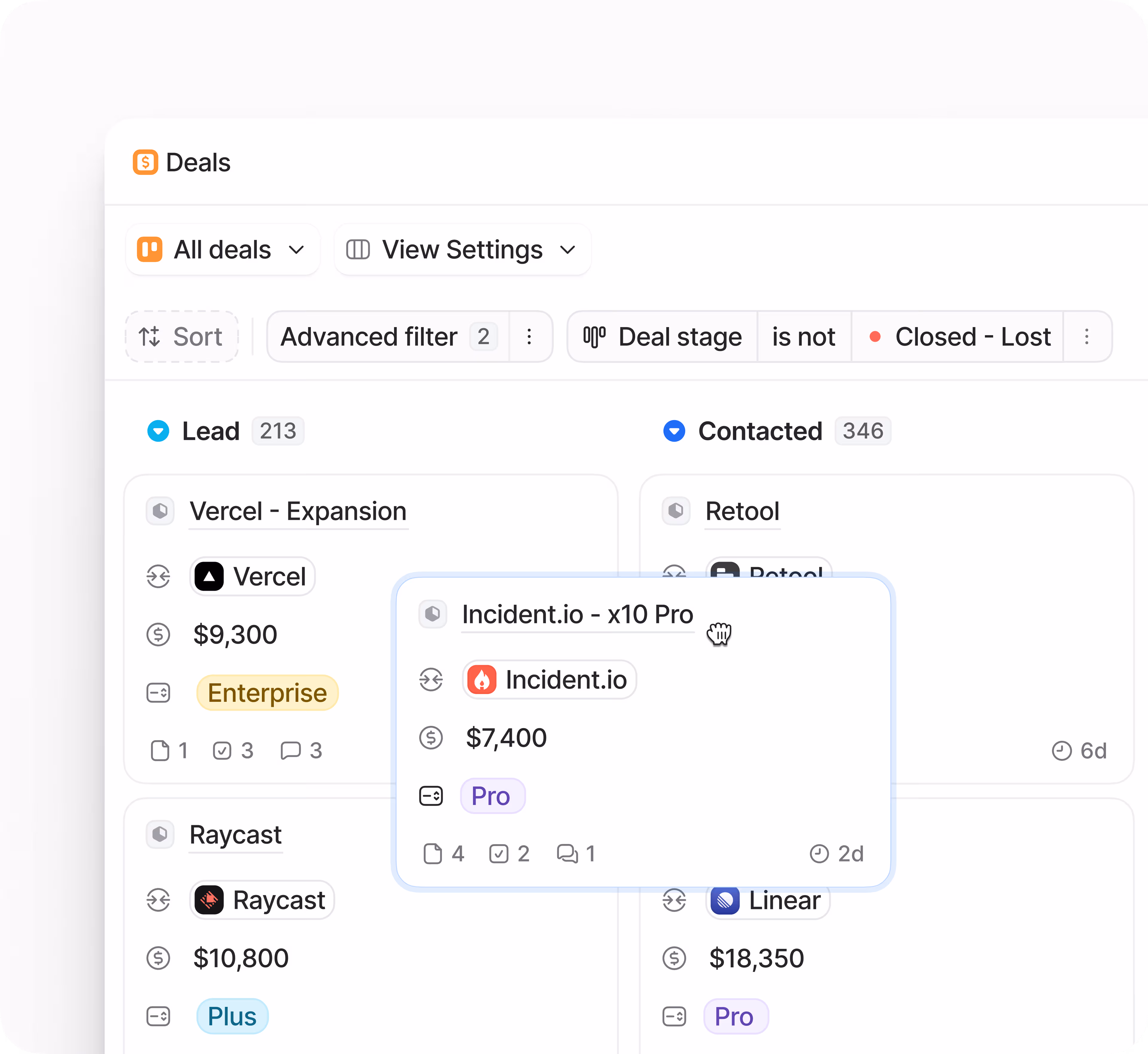 A clean UI mockup shows a drag-and-drop sales pipeline with customizable stages and dashboards for forecasting by team and region.