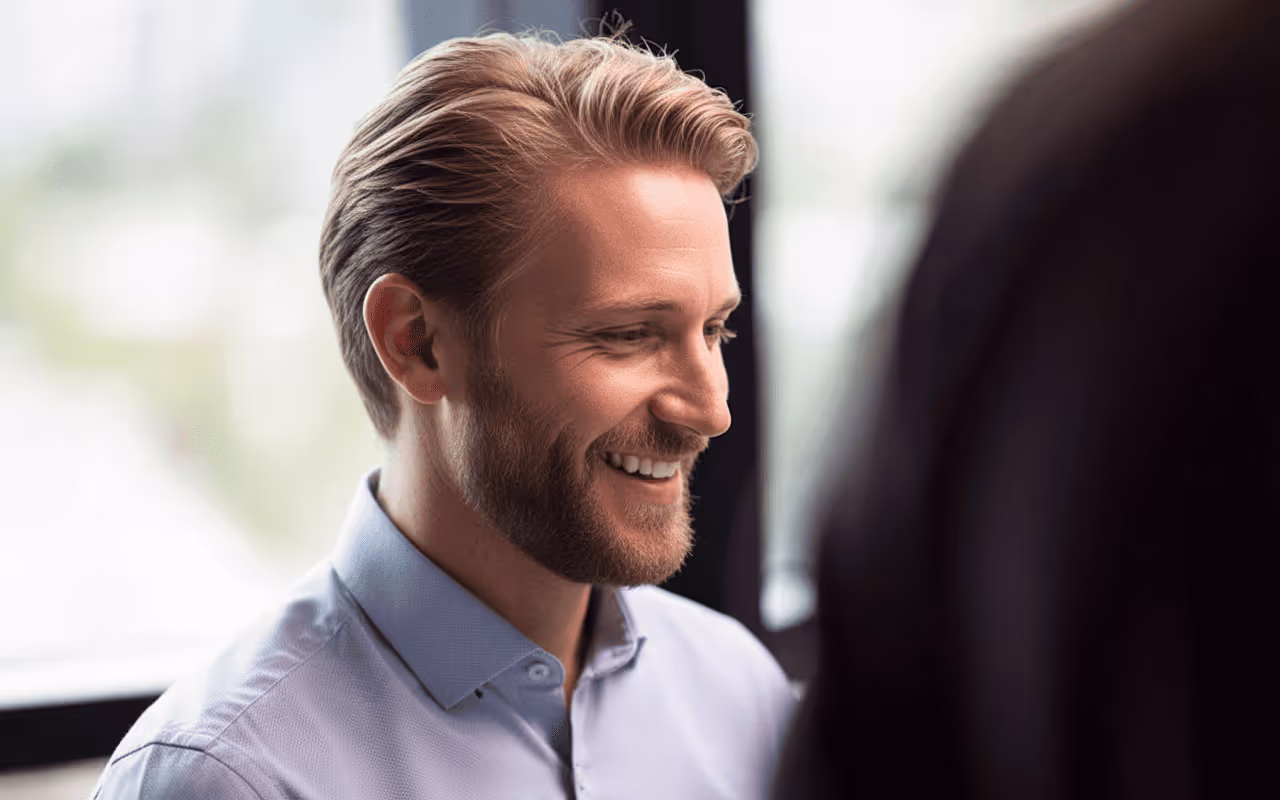Technician smiling after reviewing real-time parts availability