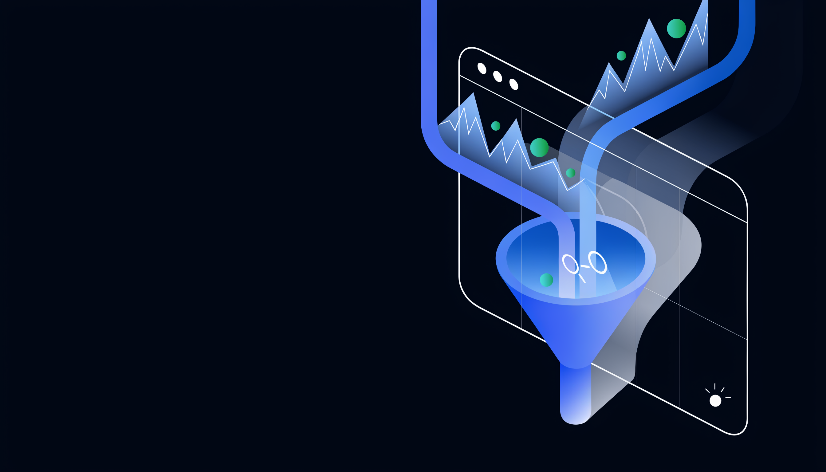 Abstract illustration of a landing page being analyzed for conversion optimization, with a funnel and rising data streams