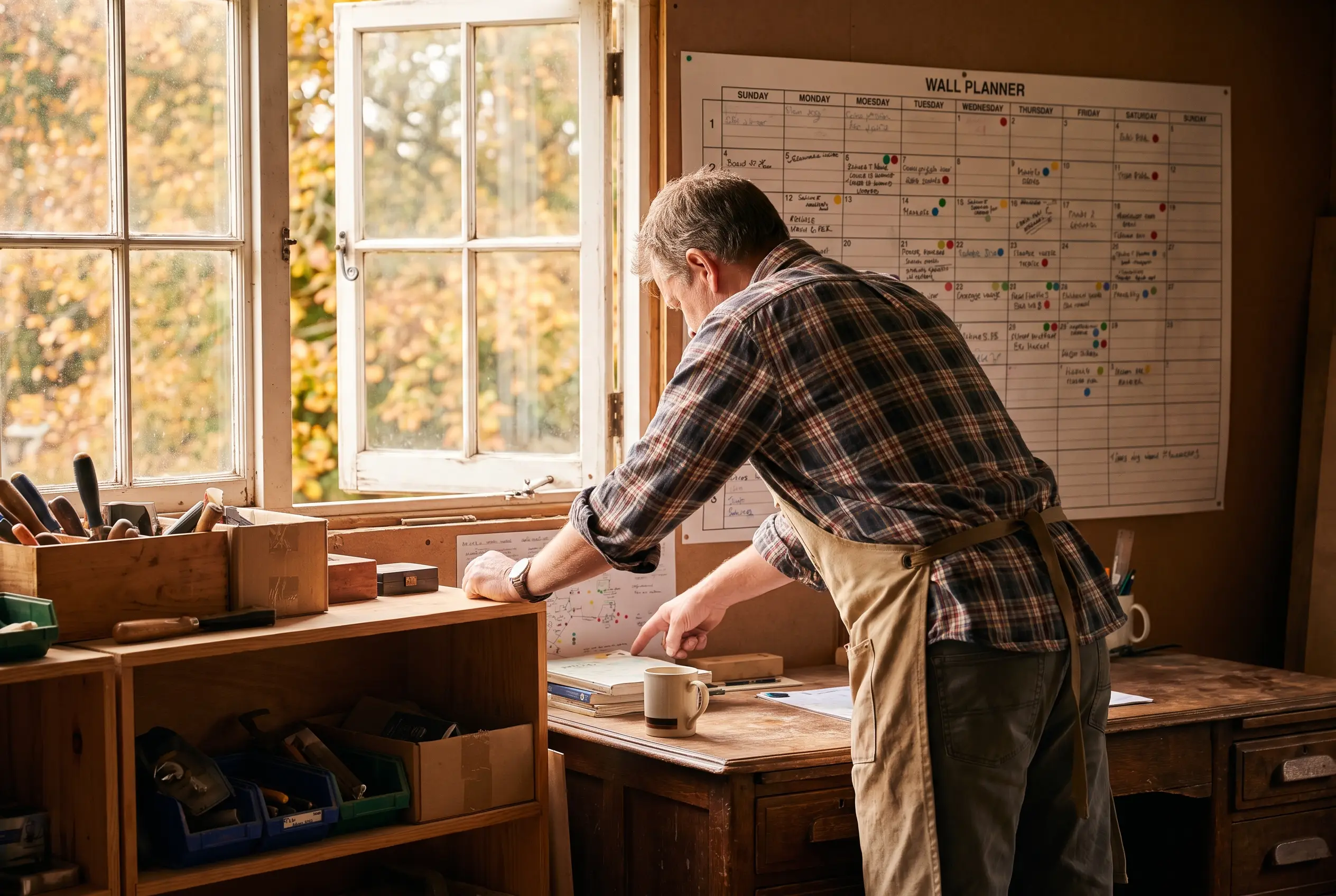 Des Moines business owner planning fourth quarter marketing on a wall calendar