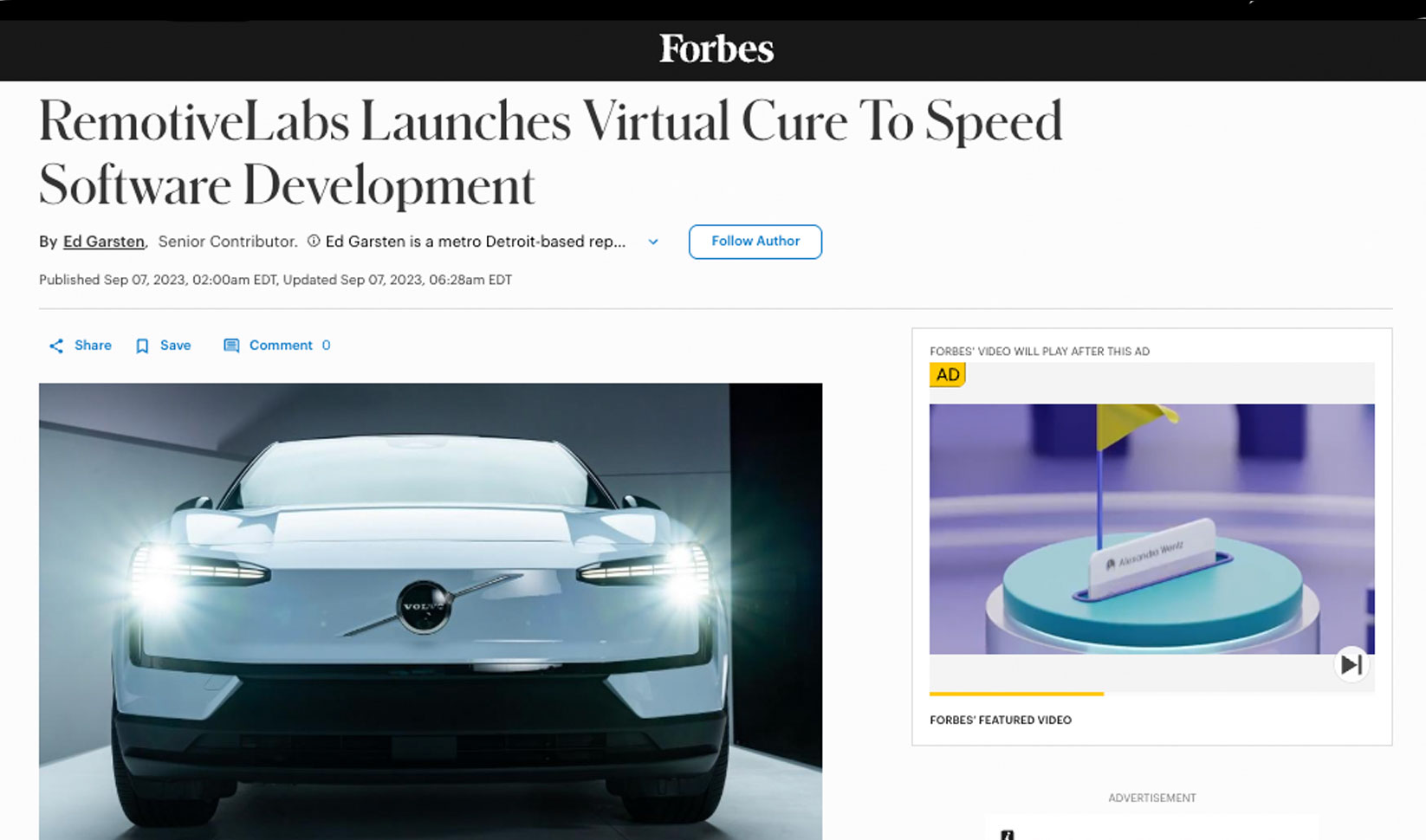 RemotiveCloud launch featured in Forbes with title RemotiveLabs Launches Virtual Cure To Speed Software Development