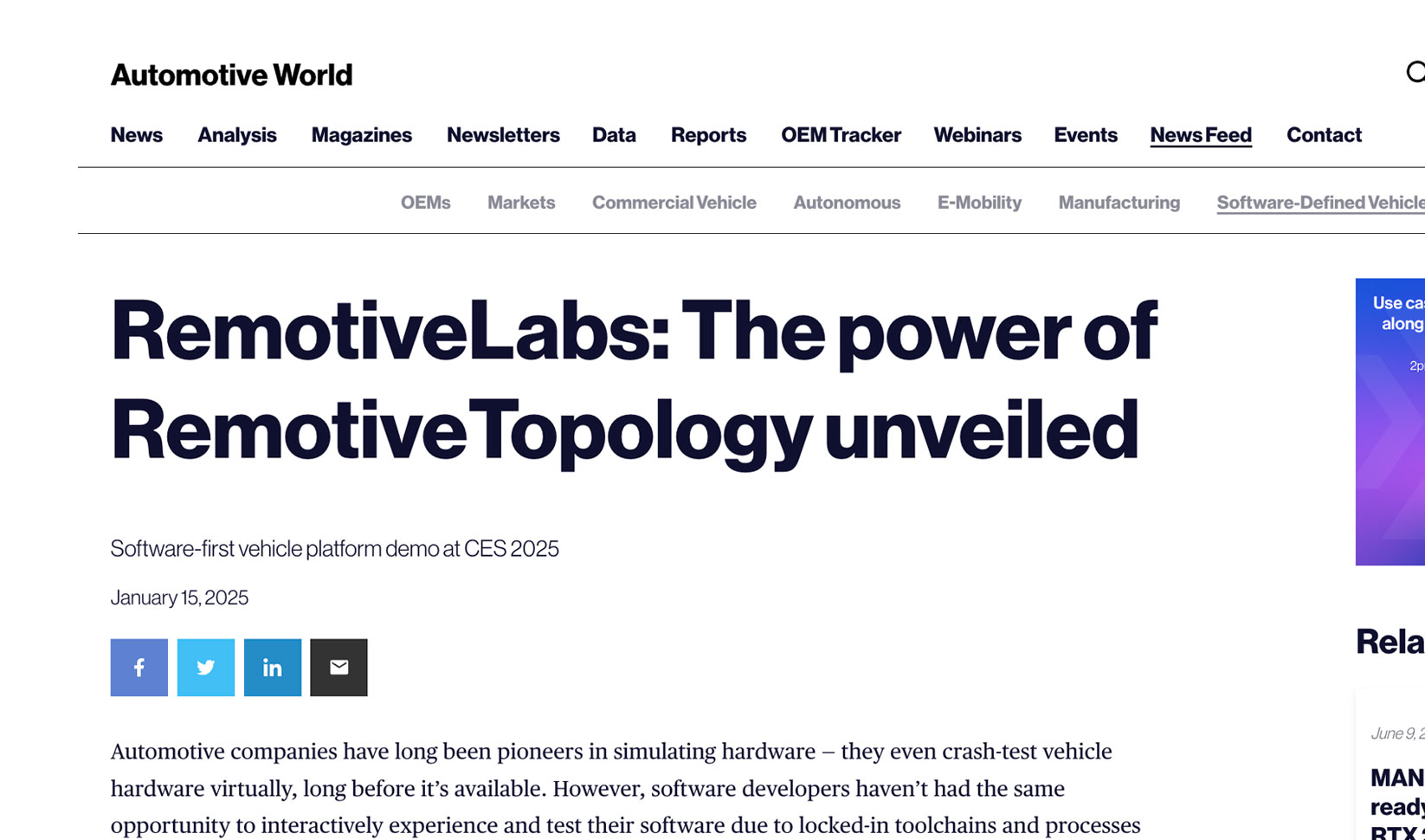 Article in Automotive News on RemotiveLabs demo of hybrid RemotiveTopology at CES 