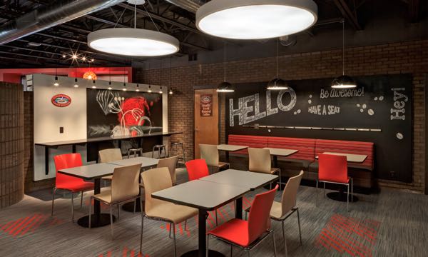 Axis Chairs Wood and Red at Cafe
