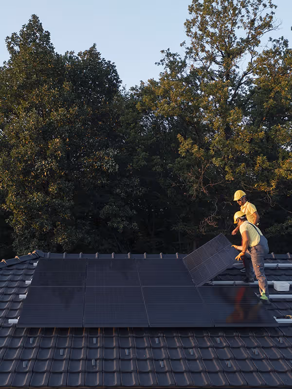 Installateur legt zonnepanelen op schuindak van een woning in een bostuin