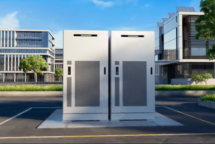 Huawei LUNA energieopslagcontainers opgesteld buiten een gebouw